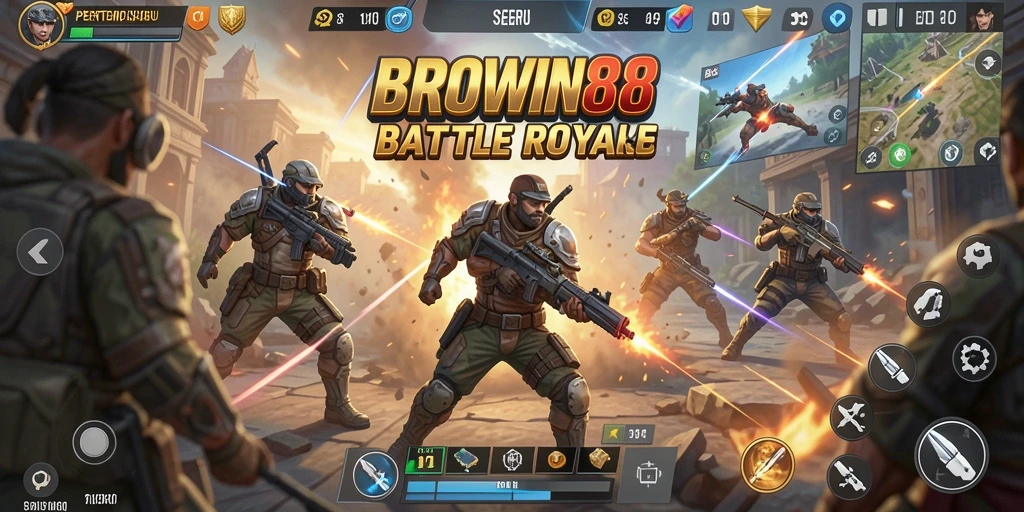 Gameplay seru BROWIN88 di medan pertempuran Battle Royale.
