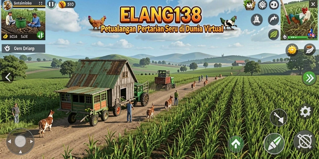 Tampilan gameplay ELANG138 dengan ladang hijau dan hewan ternak.