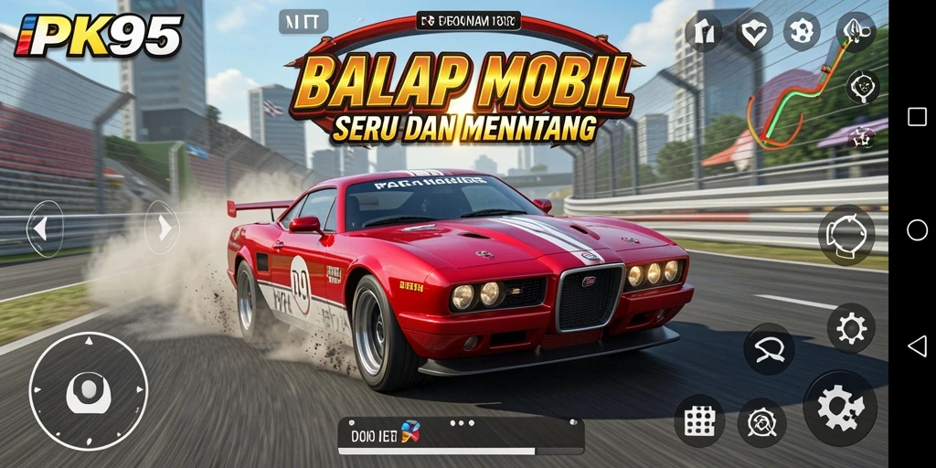 Screenshot gameplay PK95 menampilkan mobil balap di lintasan.