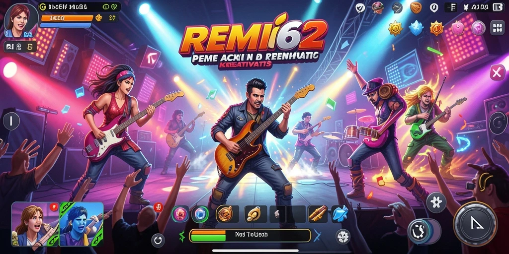 Tampilan gameplay seru dalam REMI62 dengan musik yang menggugah semangat.