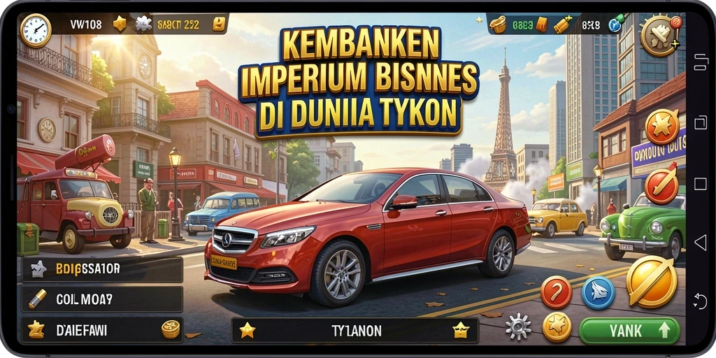 Screenshot gameplay VW108 menampilkan bangunan yang megah dan aktivitas bisnis yang sibuk.